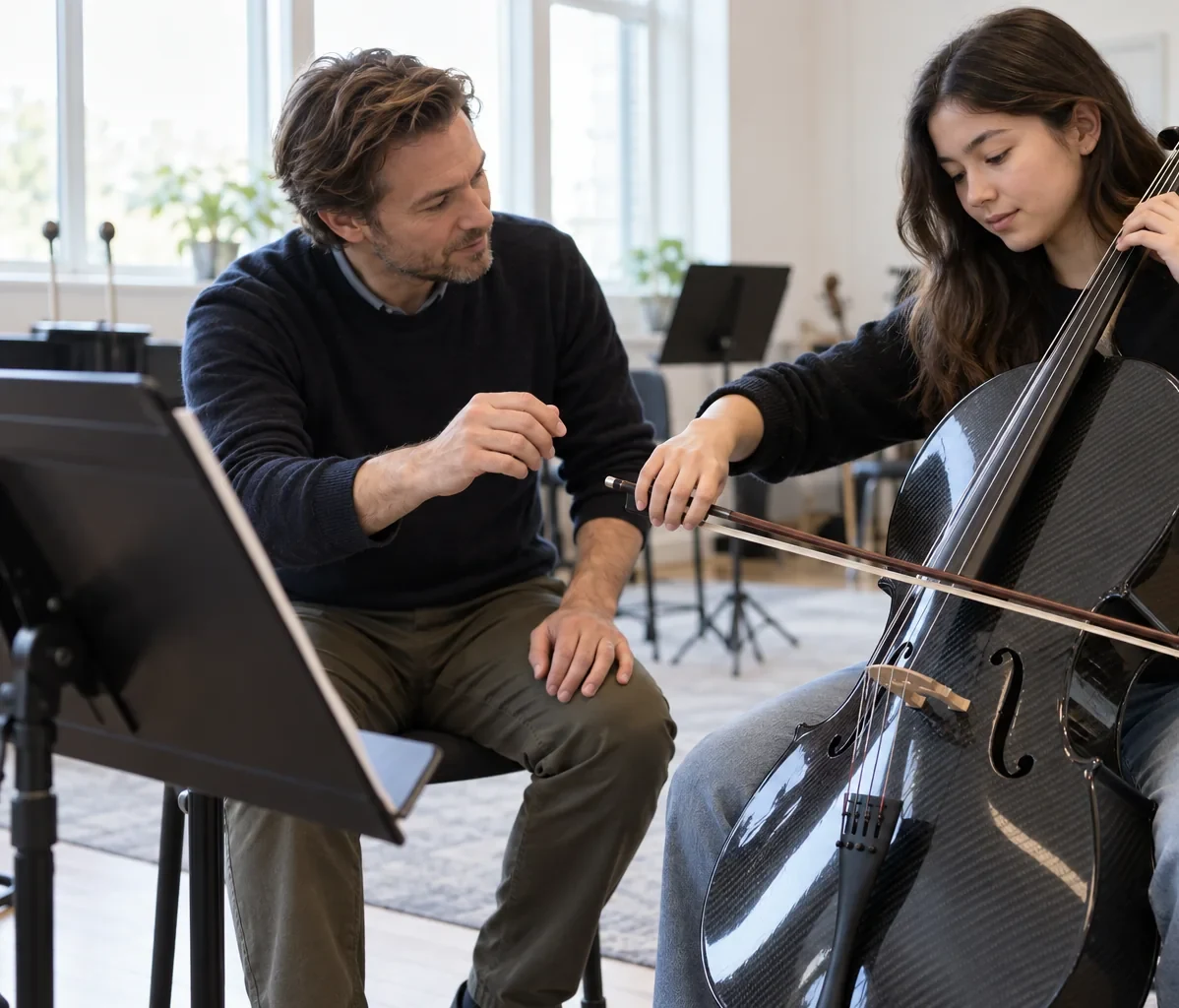 Editorial education scene with a teacher and student using a carbon fiber string instrument