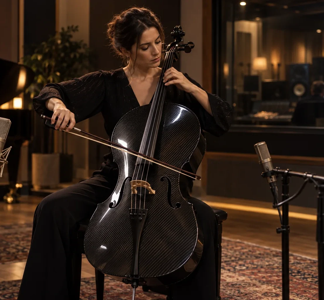 Editorial studio performance scene with a carbon fiber cello