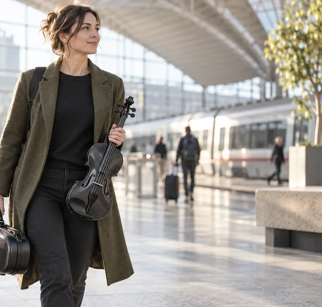 Editorial travel scene with a carbon fiber violin