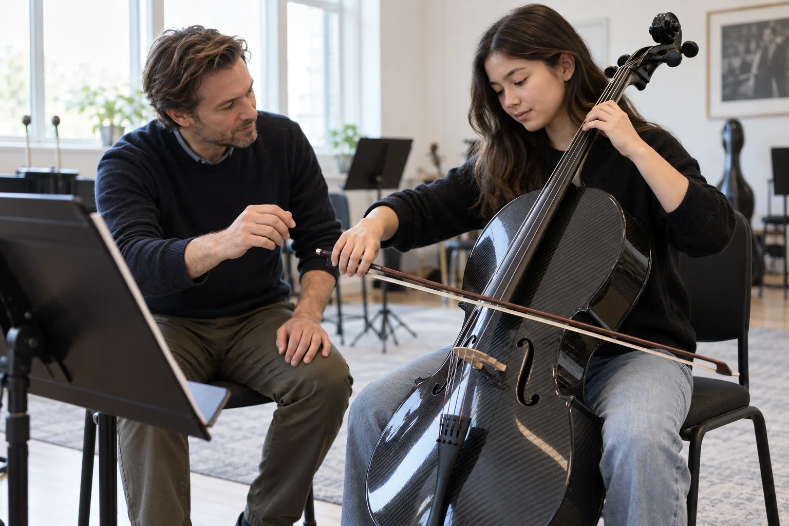 Cello teacher guiding a student using a carbon fiber cello in a music classroom