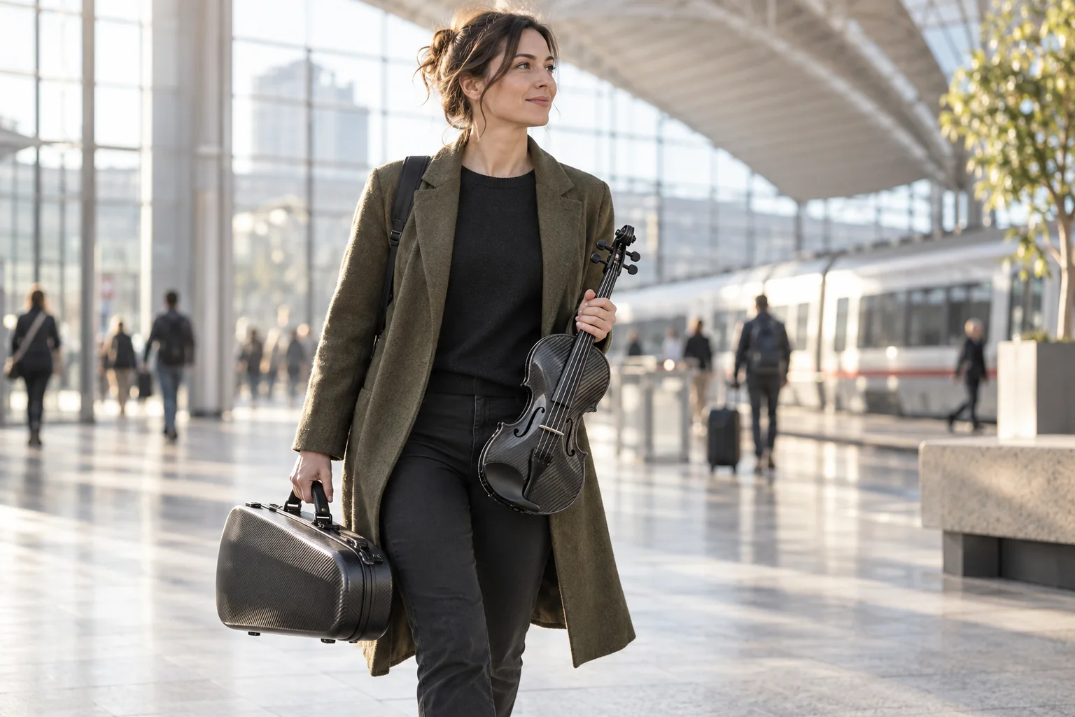 Travelling musician carrying a compact case and a carbon fiber violin at a railway station