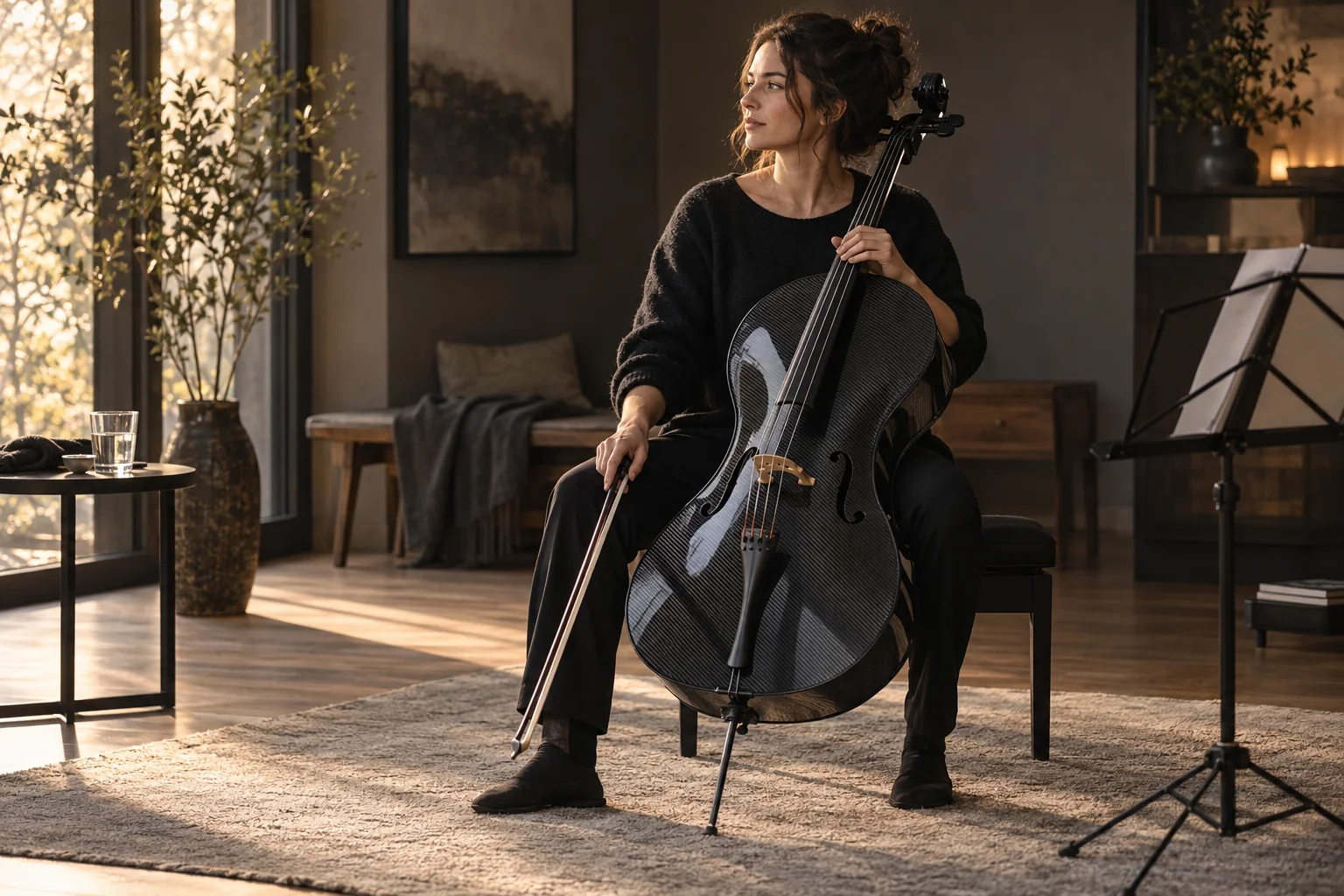Cellist taking a short pause during an extended practice session