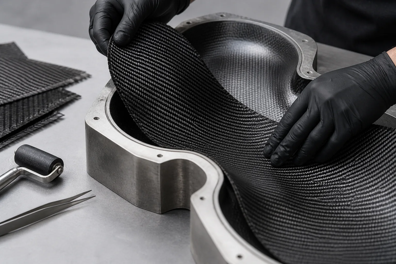 Composite material being positioned in an instrument-shaped production mould
