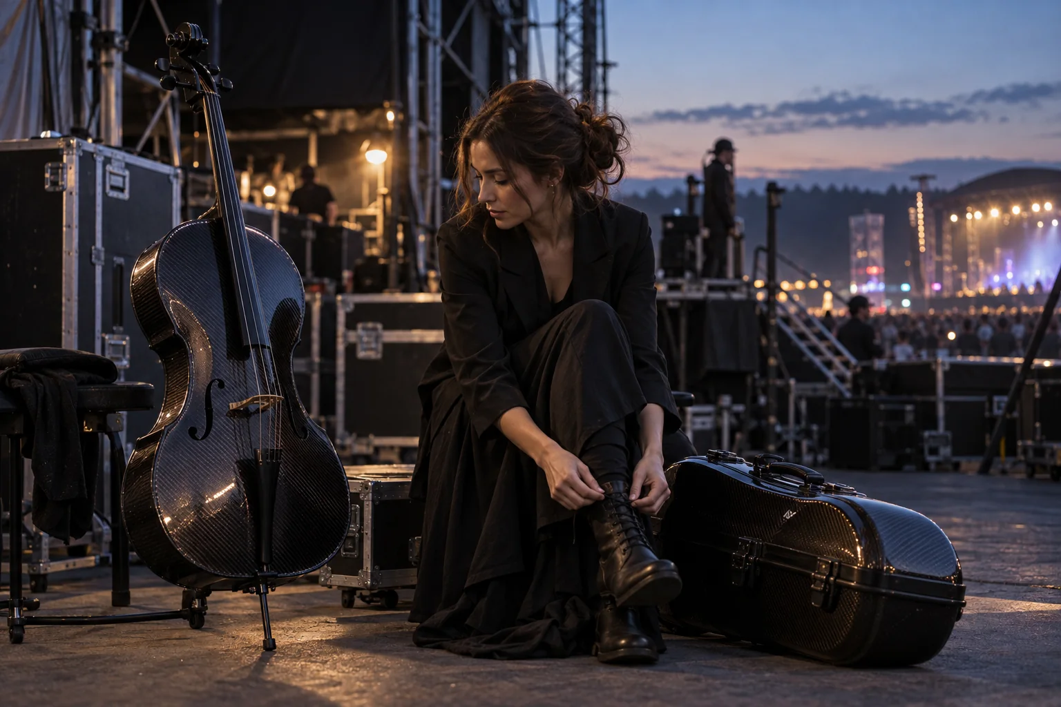 Touring cellist preparing backstage with a carbon fiber cello and travel case