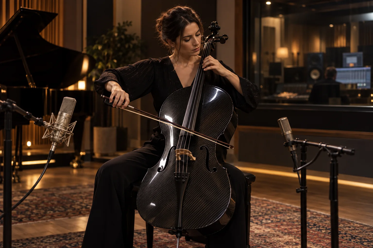 Cellist recording a carbon fiber cello with studio microphones