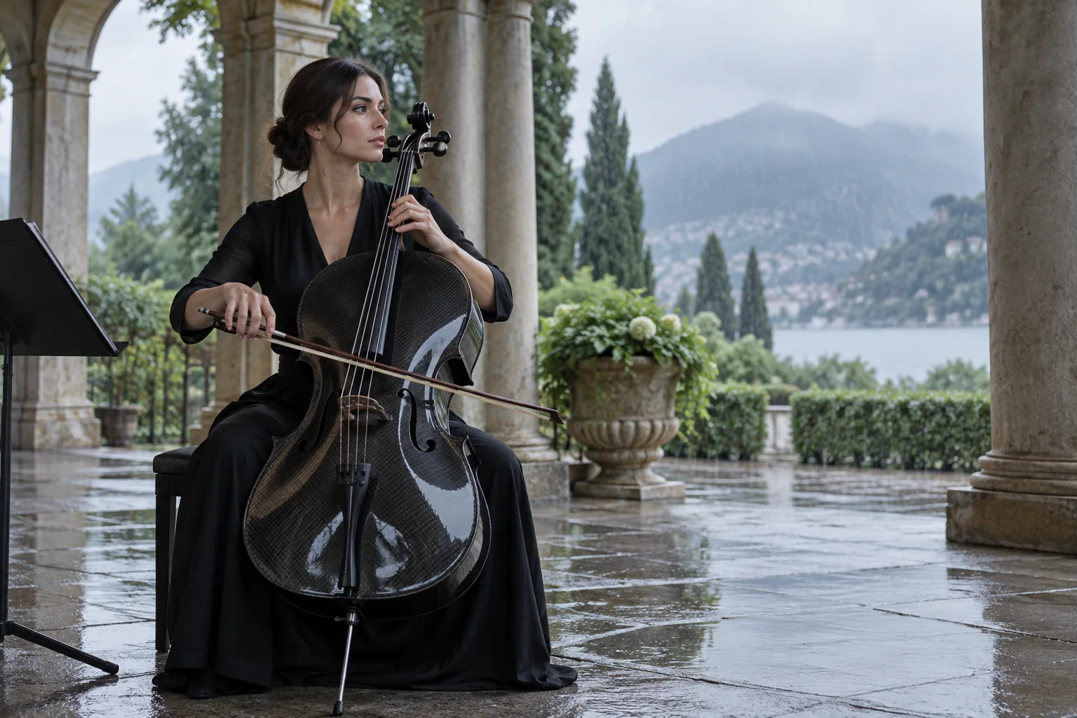 Cellist performing with a carbon fiber cello in a covered outdoor setting after rain